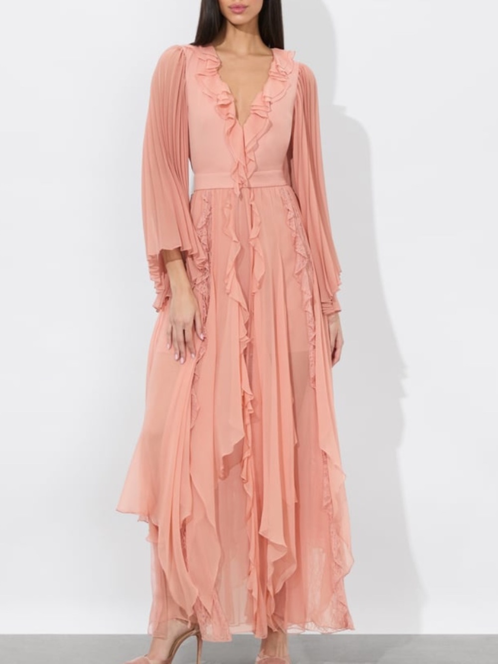 Alice + Olivia Sunburst Sleeve Maxi Dress Lace Peach Rose Tan Ruffle - Size 2
